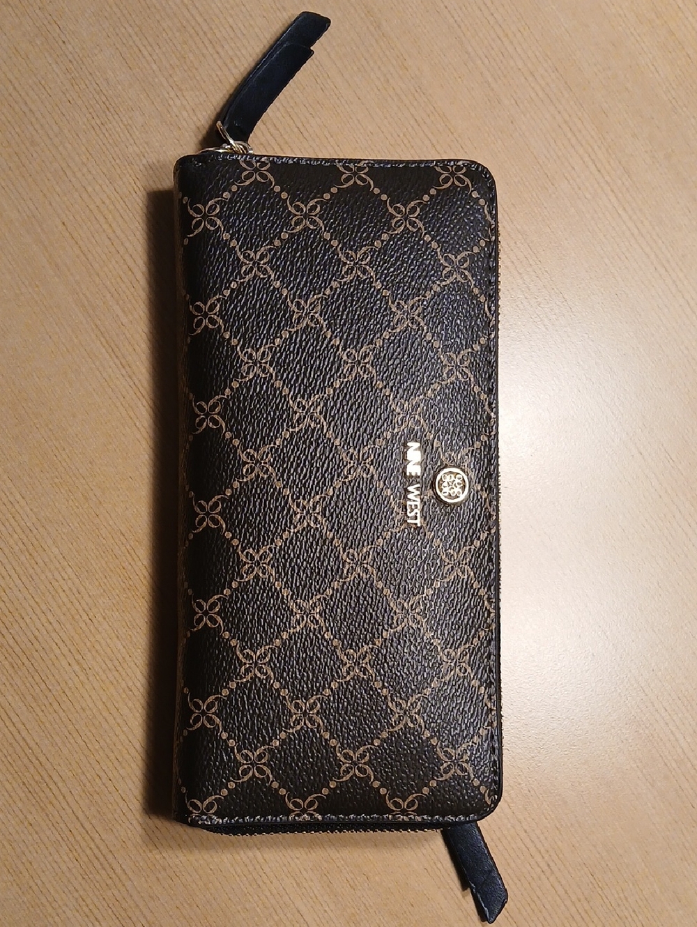 Nine West Chocolate Brown Wallet with Tan Monogram Pattern